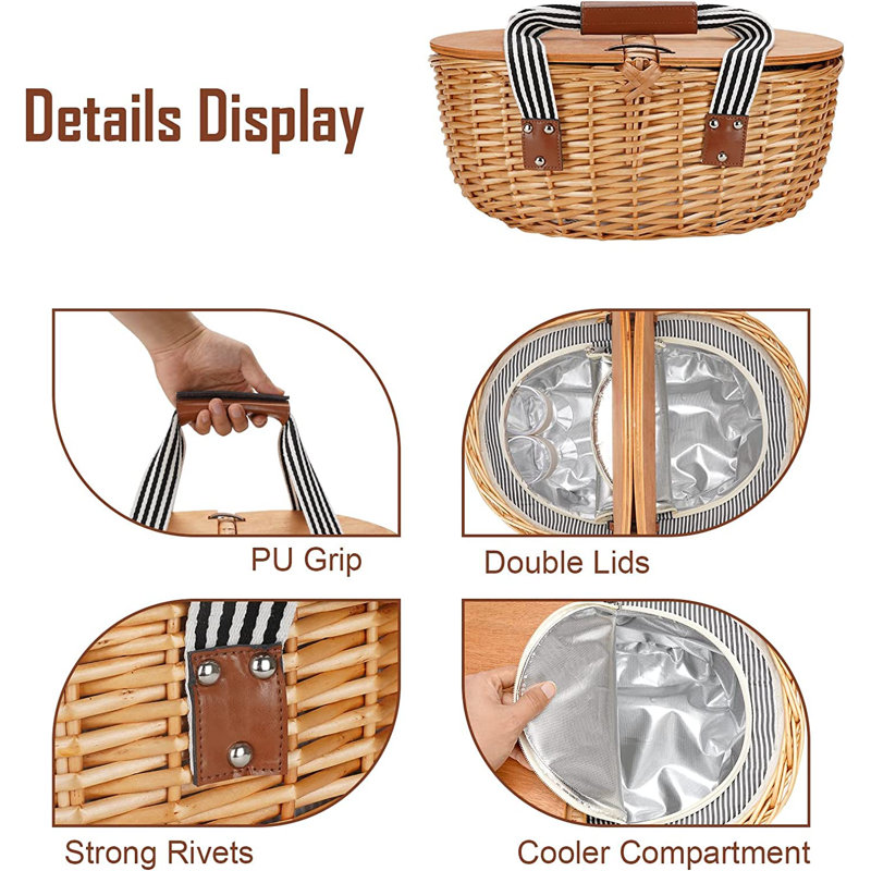 Crestone Wicker Cooler Picnic Basket Set For 2 With Double Wooden Lids & Handles, Grey With